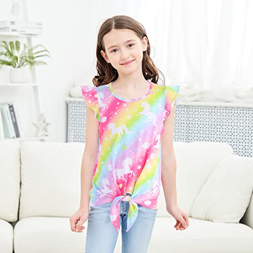 Image of JESKIDS Girls Short Sleeve Shirts Ruffle Tie Front Unicorn /Tie Dye Print Summer Tee Tank Tops 3-11 Years