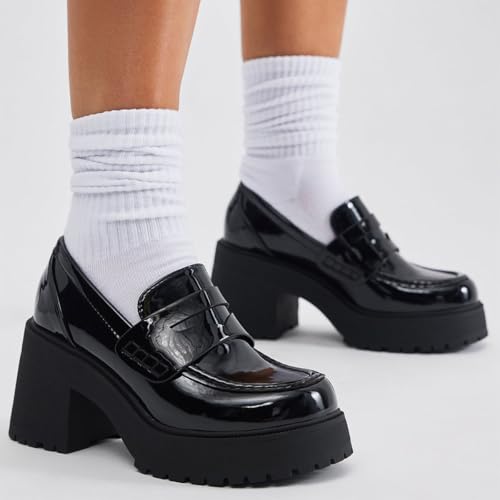 FOWT Women Round Toe Platform Pumps Chunky Block Mid Heel Penny Loafers Stable Casual Outfit Street Shoes Size 4-16 US3