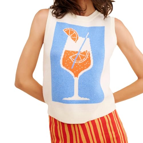 Women Y2K Graphic Sweater Vest Lobster Knit Ribbed Tank Top Cute Sleeveless Pullover Sweater Top Streetwear