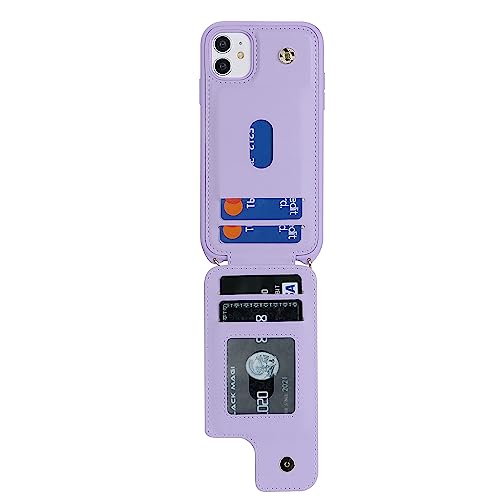 Image of for iPhone 11 Phone Case with Card Holder and Strap for Women,Crossbody Lanyard,RFID Blocking,Kickstand Ring Stand,Snap Clasp,Phone Wallet Cases 6.1 inch(Purple)