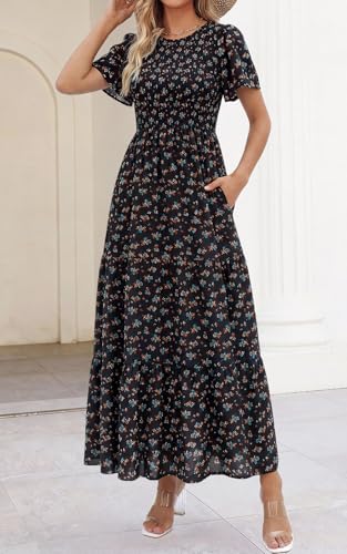 Image of PRETTYGARDEN Women's 2026 Summer Casual Flutter Short Sleeve Boho Floral Maxi Dress Crew Neck Smocked Tiered Long Dresses
