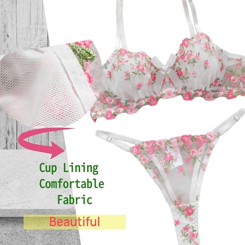 Image of Sexy Floral Embroidered Flower Mesh Underwire Push Up Lingerie Set