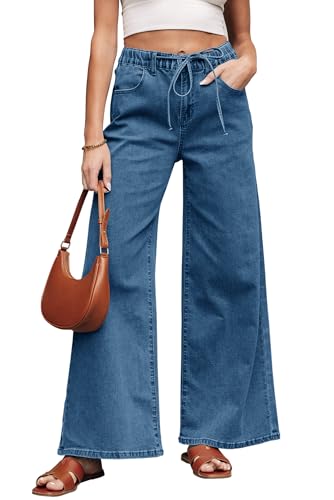 EGOCKAL Womens Wide Leg Jeans Trendy High Waisted Stretchy Jeans with Drawstring Elastic Waist Denim Pants Dark Wash