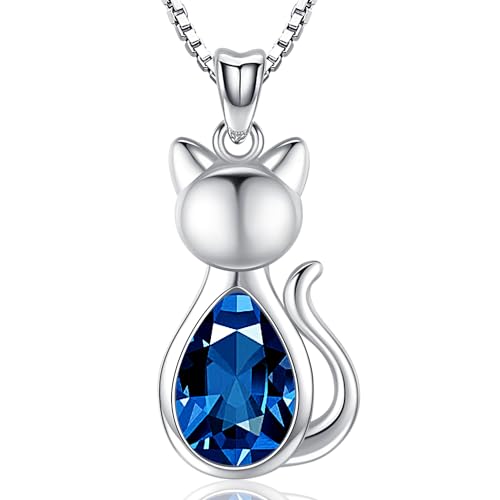 Odinstone Cat Birthstone Necklaces Jewelry Sterling Silver Cat Pendant Necklace Gift for Women Gifts, 18'' Silver Box Chain Women's Birthstone Crystal Cat Jewelry Gifts