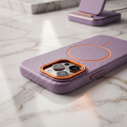 Image of amazon basics Luxury MagSafe Compatible Leather Texture Back Cover for iPhone 13 Pro | Raised Camera Protection | Slim Fit Shockproof Case with Metallic Accents (Purple)