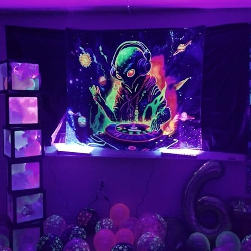 OSVINO Blacklight Alien Tapestry 230x180CM UV Reactive Alien DJing Wall Tapestry UFO Psychedelic Planet Posters Wall Hanging for Bedroom Living Room Dorm - Image 2