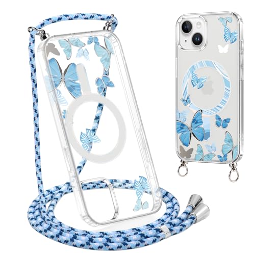 Xylota Funda Magnética con Cuerda para iPhone 15 Plus 6,7'' [Compatible con MagSafe], Transparente Dibujos Carcasa con Ajustable Collar Cordón, Aesthetic Diseño Case para iPhone 15 Plus,butterflies 01