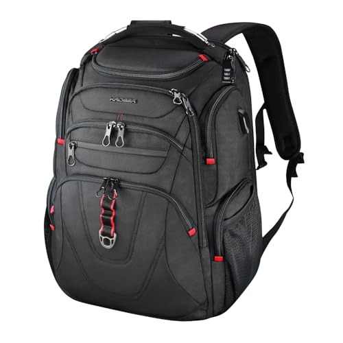 Mochila para Laptop 17.3' com Proteção RFID, Ideal para Trabalho e Viagens, Design Moderno e Repelente à Água, Compartimentos Distintos para Acessórios, Preto/Vermelha