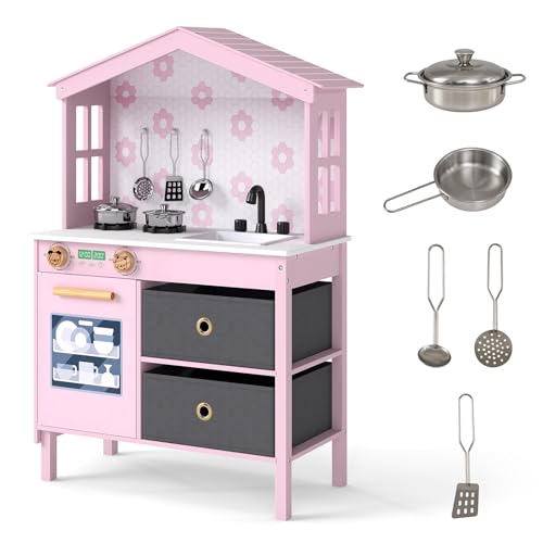 Costzon Kids Play Kitchen, Little Chef Montessori Cooking Toy Playset w/ 2 Stoves, Rotation Knobs, Faucet, Sink, Dishwasher, 2 Drawers & Cabinet, Wooden Kitchen Playset for Girls Boys Aged 3+ (Pink)