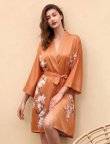 Image of BABEYOND Kimono Robe Cover up Short Satin Floral Silky Kimono Blouse Loose Bachelorette Party Robe