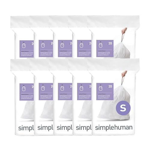 simplehuman Code S 200 Count Custom Fit Liners, Drawstring Kitchen Trash Bags, One-by-One Mess-Free Dispense, Extra Thick & Double Seamed, 50% PCR Plastic, 16 Liter / 4.2 Gallon, White