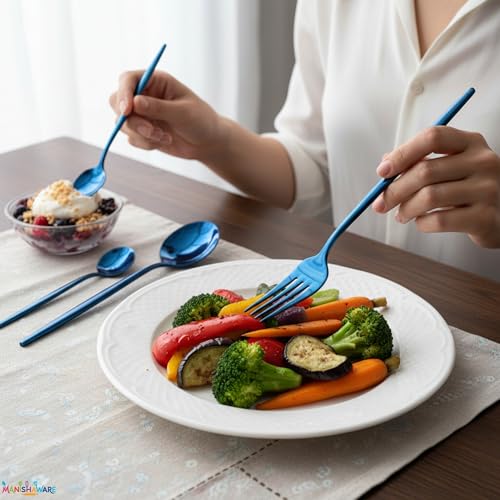 Image of Slim Handle Blue 4 Pcs Stainless Steel Cutlery Set for Dining Table, Dishwasher Safe Glossy Flatware (1 Spoon Set+1 Forks Set+1 Butter Knife+1 Dessert Spoon)