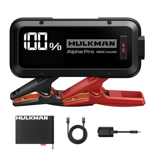 Image of Hulkman Alpha Pro 1500A Jump Starter, 44.4Wh High-Capacity Car Battery Jump Starter, PD65W Fast Charging in & Out, 3.3 inch Smart Display Jump Box, 12V Jump Pack for 7.5L Gas /4.5L Diesel, Solid Black