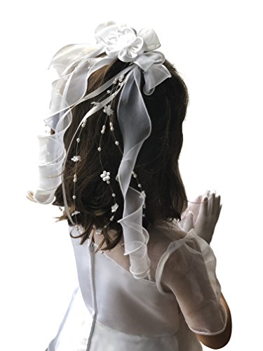 White First Communion Veil with White Floral Ribbon and Pearl Accent | One Size Fits All | Easy to Wear and Ready to Wear Out of the Box | Comes with Storage Box2