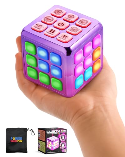 Power Your Fun Cubik LED Flashing Cube Memory Game - Electronic Handheld Game STEM Toy, 5 Brain Memory Games for Kids Brain Play Sensory Toys Puzzle Fidget Toy Light Up Cube (Metallic Pink/Purple)