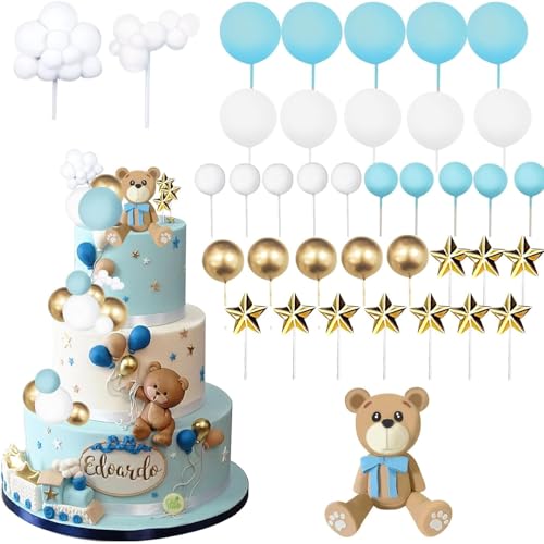 Tortendeko Bär Blau, 38 Stück Teddybär Kuchen Dekoration Bär Kuchen Deko Torten Deko Bär Cake Topper Babyparty Tortendeko Kugeln Bär Geburtstagstorte Deko für Baby Dusche Hochzeit Geburtstag Babyparty