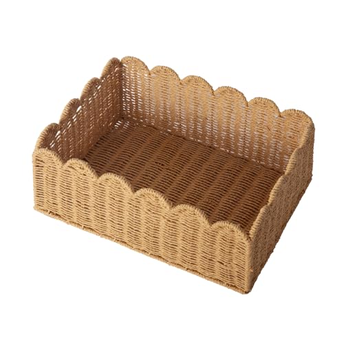 Scalloped Basket, Wicker Storage Baskets, Hand Woven Baskets for Shelves,Natural Baskets for Organizing (M-14