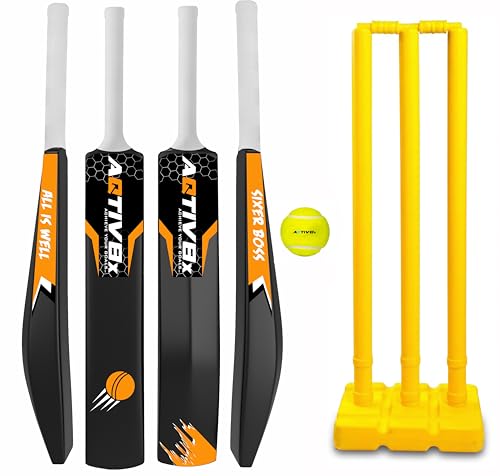 Image of Cricket Set with Golden Plastic Bat for Outdoor Sports Tournament, Gully Matches & Practices, Hard Plastic Cricket Kit for Men, Women, Boys & Girls