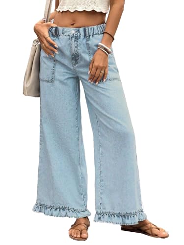 Image of Vaimti Plus Size Women's Wide Leg Denim Jeans, Elastic Waist, Ruffle Hem, Casual Palazzo Pants with Pockets (UK, Alpha, XL, Plus, Regular, Light Blue)