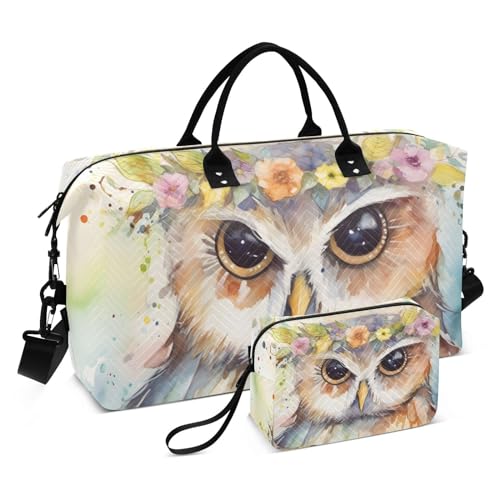 Large Travel Duffel Bag, Owl Retro Garland Sport Tote Gym Bag, Shoulder Weekender Overnight Bag for Women Men, Carry On Luggage with Toiletry Bag