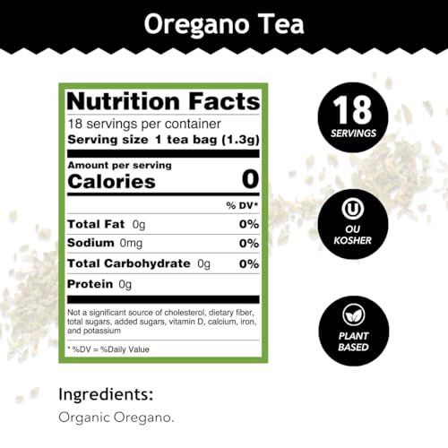 Organic Oregano Tea (Kosher, Caffeine-free, GMO Free, Unbleached Tea Bags, Pack of 18)