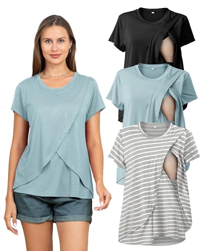 Image of Rnxrbb 3 Pack Women's Nursing Tops for Breastfeeding Summer Short Sleeve T Shirts Postpartum Double Layer Clothes