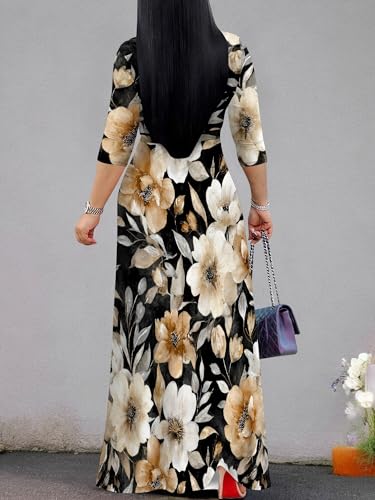 Image of Women's V Neck Floral Maxi Dress 3 /4 Sleeve Plus Size Boho Wrap Flowy Long Dresses with Belt