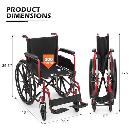 monicare-Wheelchairs-for-Adults-Transport-Flip-Back-Padded-Arms-and-Detachable-Swing-Away-Footrests-18-Wide-Seat-Wheel-Chair-300lb-Capacity-Red