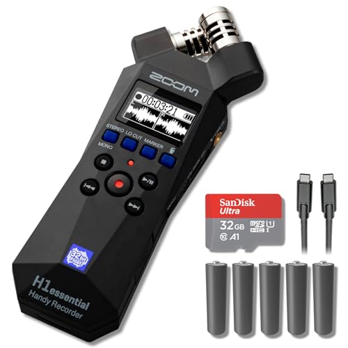 Zoom H1essential 2-Track 32-Bit Float Portable Audio Recorder with 5 AAA Batteries, USB-C to USB-C Cable and 32GB microSD Card