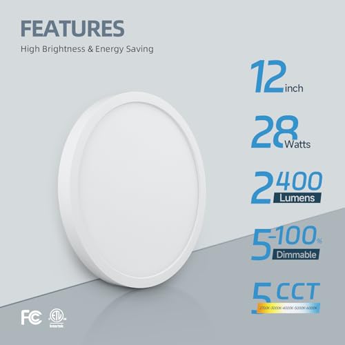 ECOELER 12 Inch Dimmable LED Flush Mount Ceiling Light, 5 Color Temperatures in One, 28W 2400Lm, 0.79" Slim Surface Mount Flat Panel Light for Bedroom, Kitchen, Hallway, ETL Listed, 4 Pack by ECOELER - Image 2