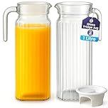 Fridge Jug 1L Glass Water Jug with Lid (2 Pack) - Clear Water Pitcher with Ribbed Glass Design & Handle for Fridge Shelf & Everyday Use with Vented Spout - Juices, Pimms & Picnics