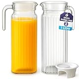 Fridge Jug 1L Glass Water Jug with Lid (2 Pack) - Clear Water Pitcher with Ribbed Glass Design & Handle for Fridge Shelf & Everyday Use with Vented Spout - Juices, Pimms & Picnics