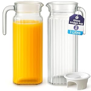Fridge Jug 1L Glass Water Jug with Lid (2 Pack) – Clear Water Pitcher with Ribbed Glass Design & Handle for Fridge Shelf & Everyday Use with Vented Spout – Juices, Pimms & Picnics