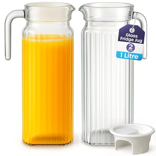 Fridge Jug 1L Glass Water Jug with Lid (2 Pack) - Clear Water Pitcher with Ribbed Glass Design & Handle for Fridge Shelf & Everyday Use with Vented Spout - Juices, Pimms & Picnics