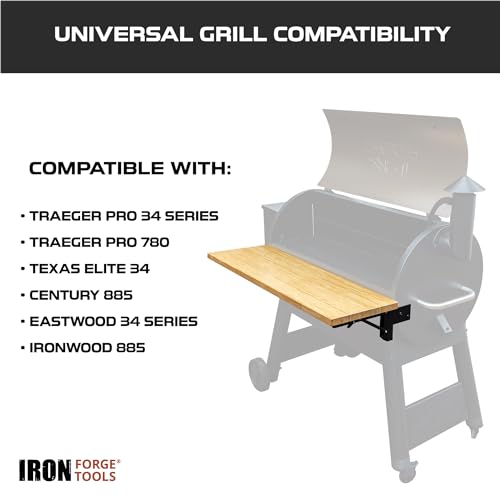 Image of Iron Forge Tools 36.5x12 Wood Folding Grill Shelf Accessory - Charcoal Grill Accessories for Pellet Smoker Barbeque - Compatible with Traeger Pro 34, Pro 780, Ironwood 885 Series Texas Elite, Eastwood