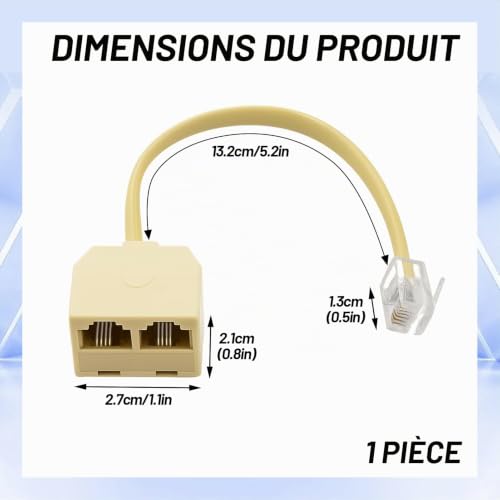 gsgfuis Adaptateur RJ11 avec câble, Répartiteur de téléphone RJ11, Double prise téléphonique RJ11 6P4C pour téléphone fixe et box – vue 2
