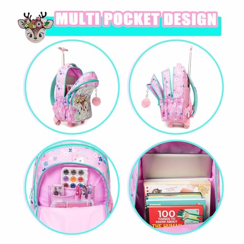 Girls Rolling Backpack for School Kids Wheeled Bookbag Set with Lunch Box Primary School Carry On Luggage with Wheels for Elementary Students Cute Daypack for Travels (12814T-3)3