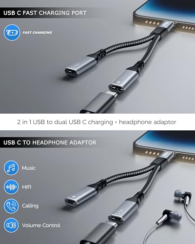 Image of FEDUS Node-X2 Dual USB C Splitter, 2-in-1 Type C to Type C Headphone Audio & 60W PD Fast Charger Adapter Cable with DAC Chip for iPhone 17 /16 /15, Galaxy S26 /25 /24 Ultra, iPad M4, Pixel 10, OnePlus 14