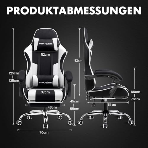 GTPLAYER Gaming Stuhl, Bürostuhl, Ergonomischer Pc Stuhl, Gaming Sessel mit Massagelendenwirbelstütze, Task Stühle mit Fußstütze und Kopfstütze, Weiß Stoff