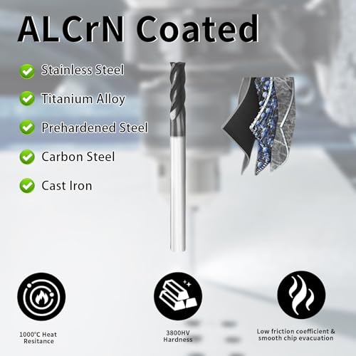 Image of 1 /8 inch End Mill Bits, Square Carbide End Mill with 4 Flutes,ALCrN Coated, HRC 55, Professional Router Bits for CNC & DIYes to Milling Alloy Steels /Hardened Steels (5Pcs)