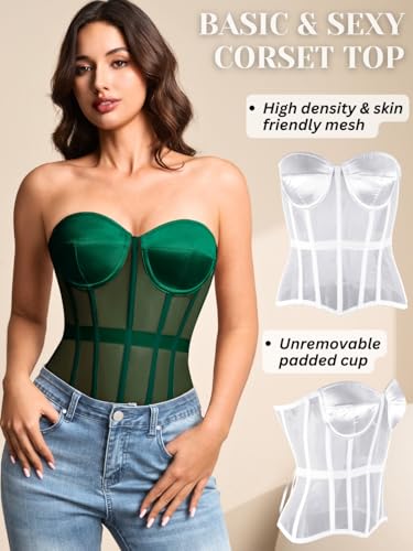 Image of Kaei&Shi Sheer Mesh Overbust Corset,Sexy Strapless Lace Up Satin Bra Corsets Top For Women Shapewear