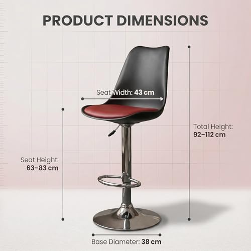 Image of RW Rapid Bar Stool Chair with Height Adjustable Design, Padded Seat & Footrest | Modern Metal Counter Stool for Kitchen, Home, Bar & Cafe Seating | Durable Comfort Chair| (Black & Red, Set of 1)