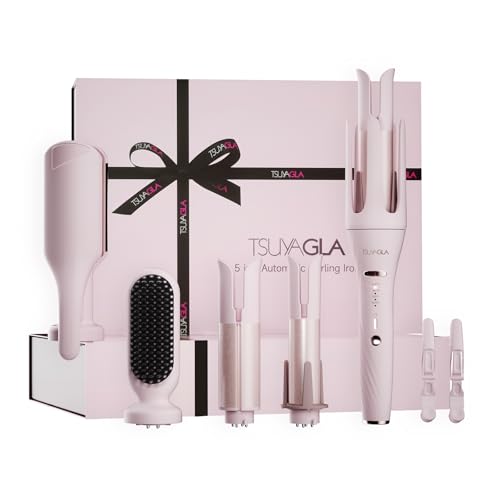 5 in 1 Auto Curling Iron Set with Interchangeable Barrels - 1 1.25 1.5 Curling Wand Hair Crimper & Straightening Brush Rotating Ceramic Curler 3 Temp Dual Voltage Anti-Scald Pink
