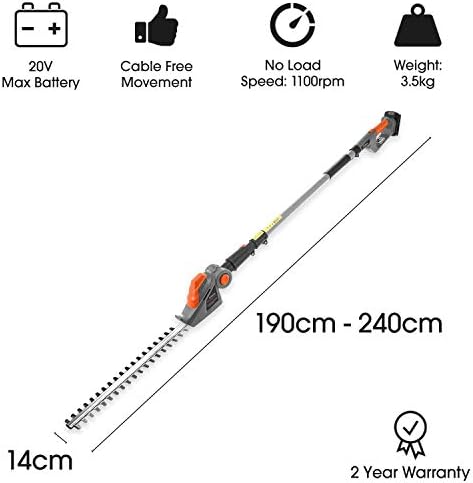 Terratek 20V Cordless Hedge Trimmer, 2.4m Long Reach Telescopic Hedge Trimmer Extendable 45cm Cutting Length, 5 Positions for Tall Hedges