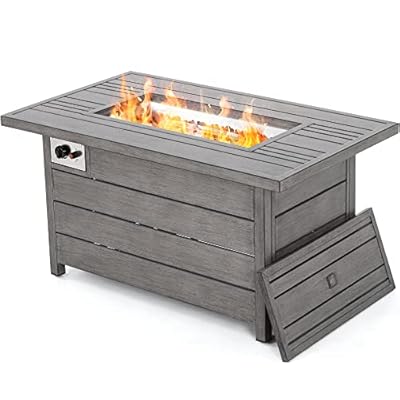 Propane Fire Pit Table, HAPPATIO 48inch 50000 BTU Aluminum Gas Fire Pit with Aluminum Slats Table Top, Lid, Black Glass Rock, Aluminum Fire Table,CSA Safety Certified for Outside Patio(Gray)