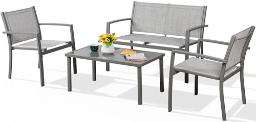 Shintenchi 4 Pieces Patio Furniture Set All Weather Textile Fabric Outdoor Conversation Set, with Glass Coffee Table, Loveseat, 2 Single Chairs for Home, Garden, Lawn, Porch(Silver)
