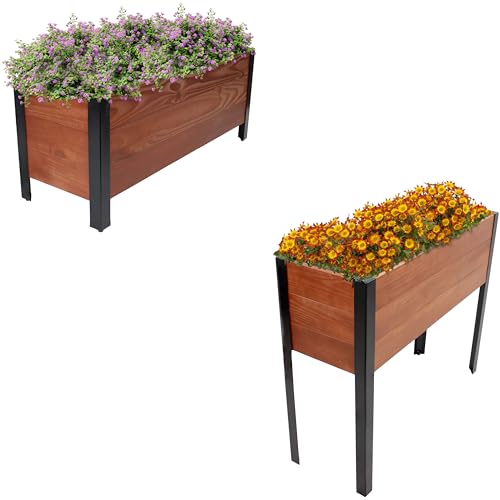 Sunnydaze Set of 2 Acacia Planter Boxes with Powder-Coated Steel Frame – 14.75″ H and 31” H – Removable Planter Bags – Brown