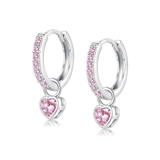 Silber 925 Ohrringe Hängend Pink Creolen Rose Mit Herz Rund Zirkonia für Damen Mädchen Herren (Pink-Herz)