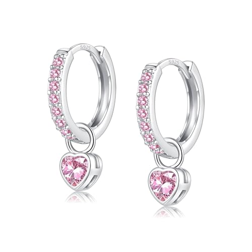 Silber 925 Ohrringe Hängend Pink Creolen Rose Mit Herz Rund Zirkonia für Damen Mädchen Herren (Pink-Herz)