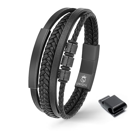 UNIQAL Lederarmband Herren „BLACK SHAPE“ | Geflochtenes Echtleder & Edelstahl | Magnetverschluss | Männerarmband Geschenkidee | Etui Box | Geburtstag, Weihnachten, Vatertag (Schwarz, 21.00)
